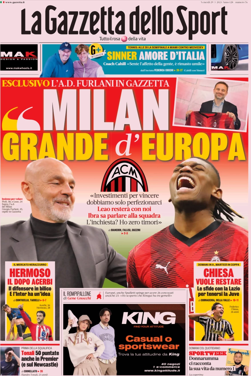prima pagina - La Gazzetta dello Sport del 29/03/2024