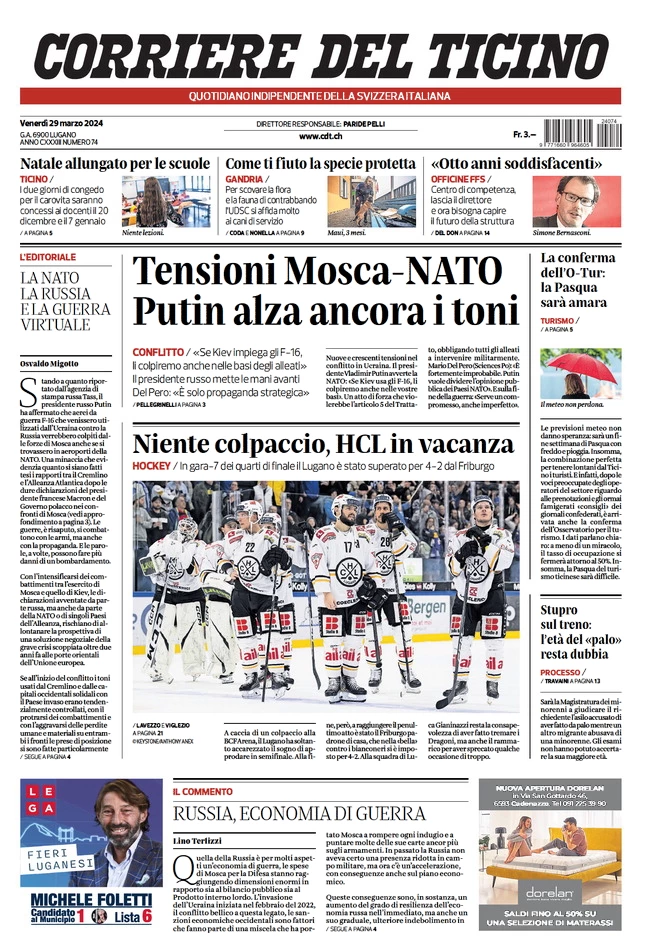prima pagina - Corriere del Ticino del 29/03/2024