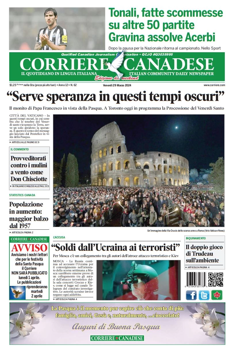 prima pagina - Corriere Canadese del 29/03/2024