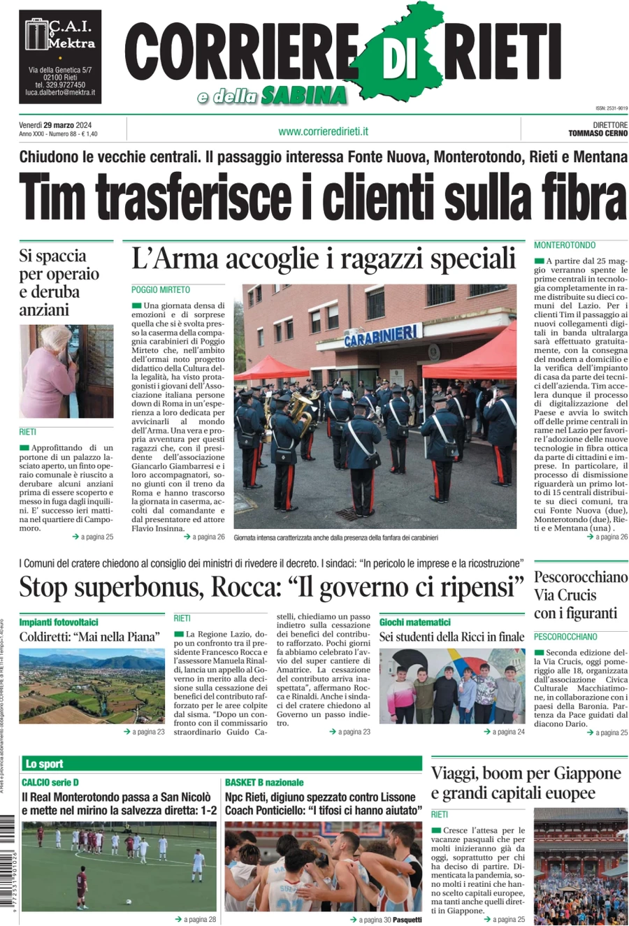 anteprima della prima pagina di corriere-di-rieti-e-della-sabina del 29/03/2024