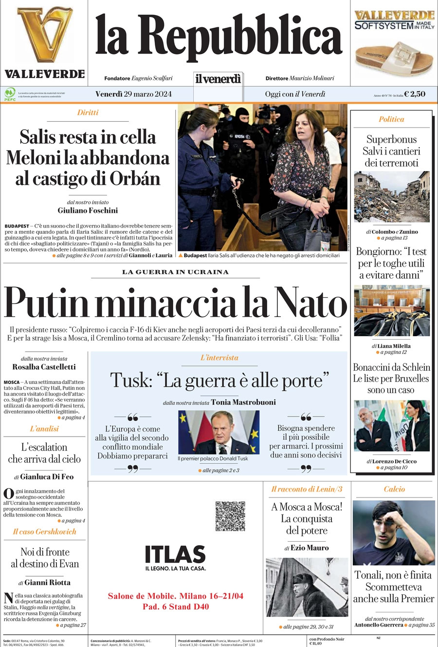 prima pagina - La Repubblica del 29/03/2024