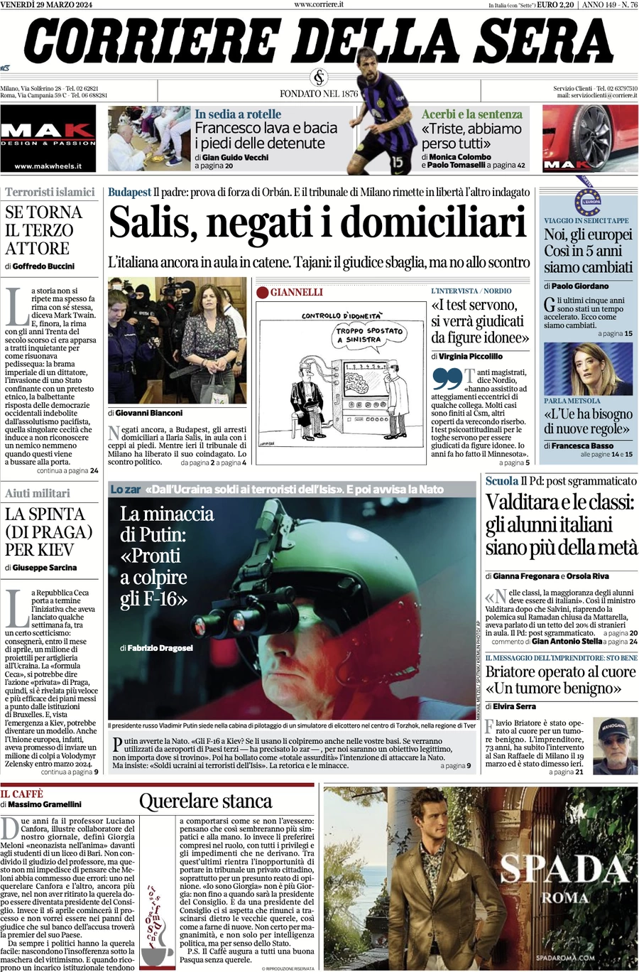prima pagina - Corriere della Sera del 29/03/2024