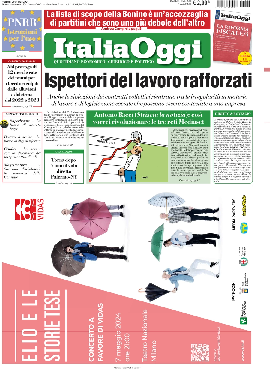 anteprima della prima pagina di italiaoggi del 29/03/2024