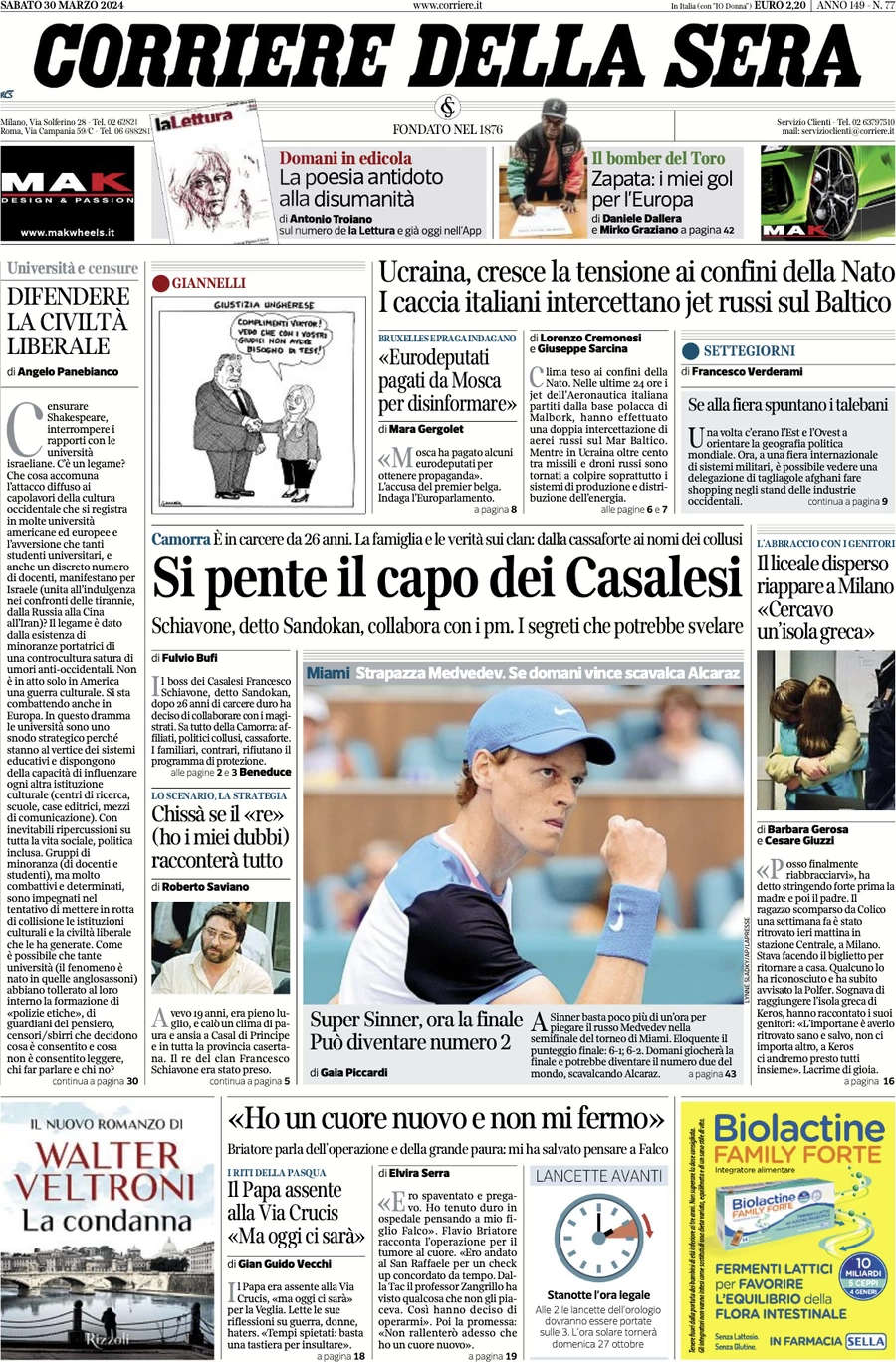 prima pagina - Corriere della Sera del 30/03/2024