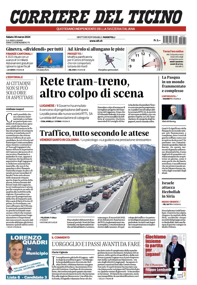 prima pagina - Corriere del Ticino del 30/03/2024