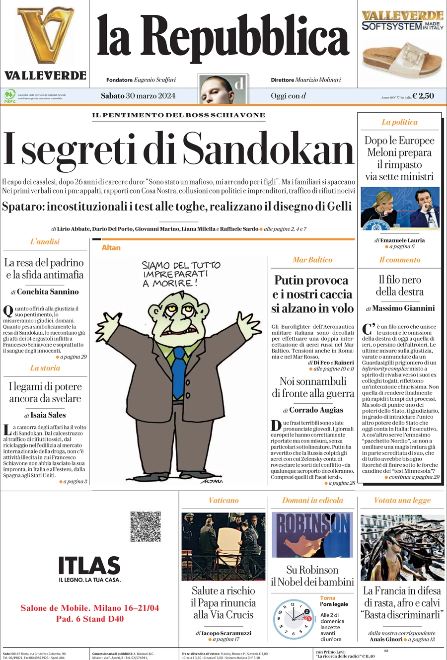 prima pagina - La Repubblica del 30/03/2024