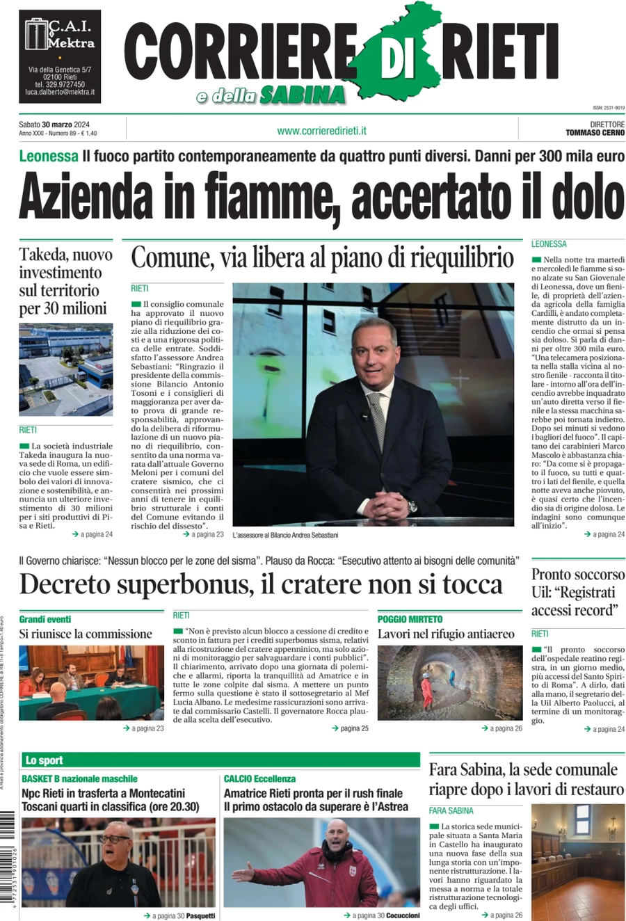 anteprima della prima pagina di corriere-di-rieti-e-della-sabina del 30/03/2024