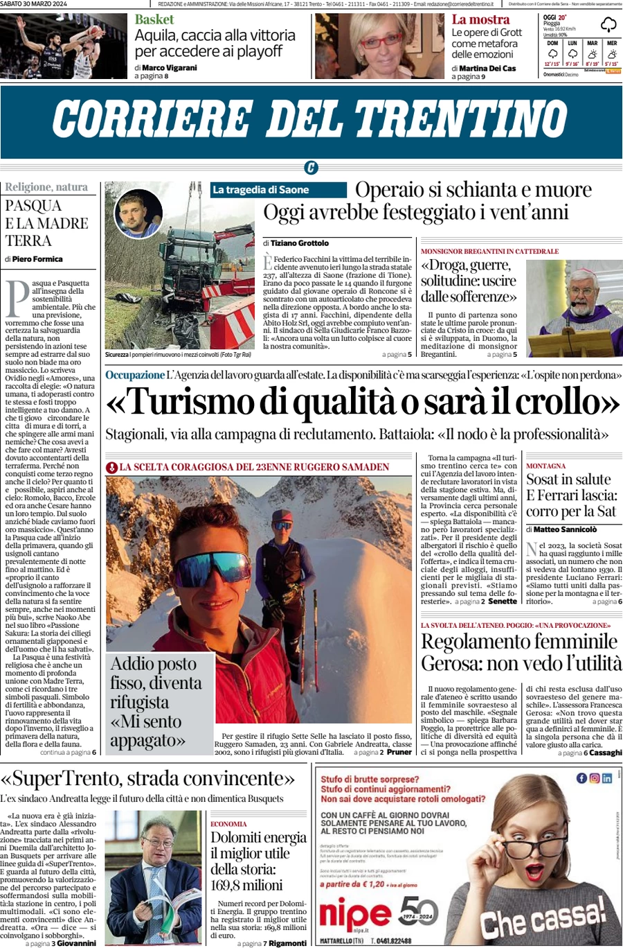 anteprima della prima pagina di corriere-del-trentino del 30/03/2024