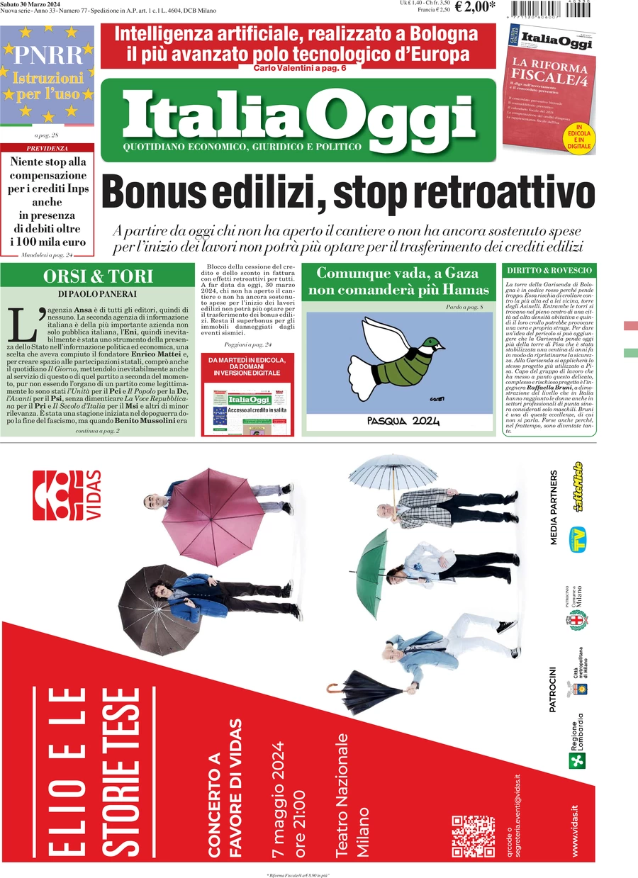 prima pagina - ItaliaOggi del 30/03/2024