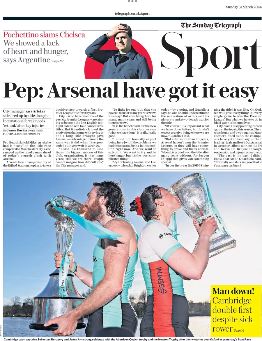 anteprima della prima pagina di the-daily-telegraph-sport del 31/03/2024