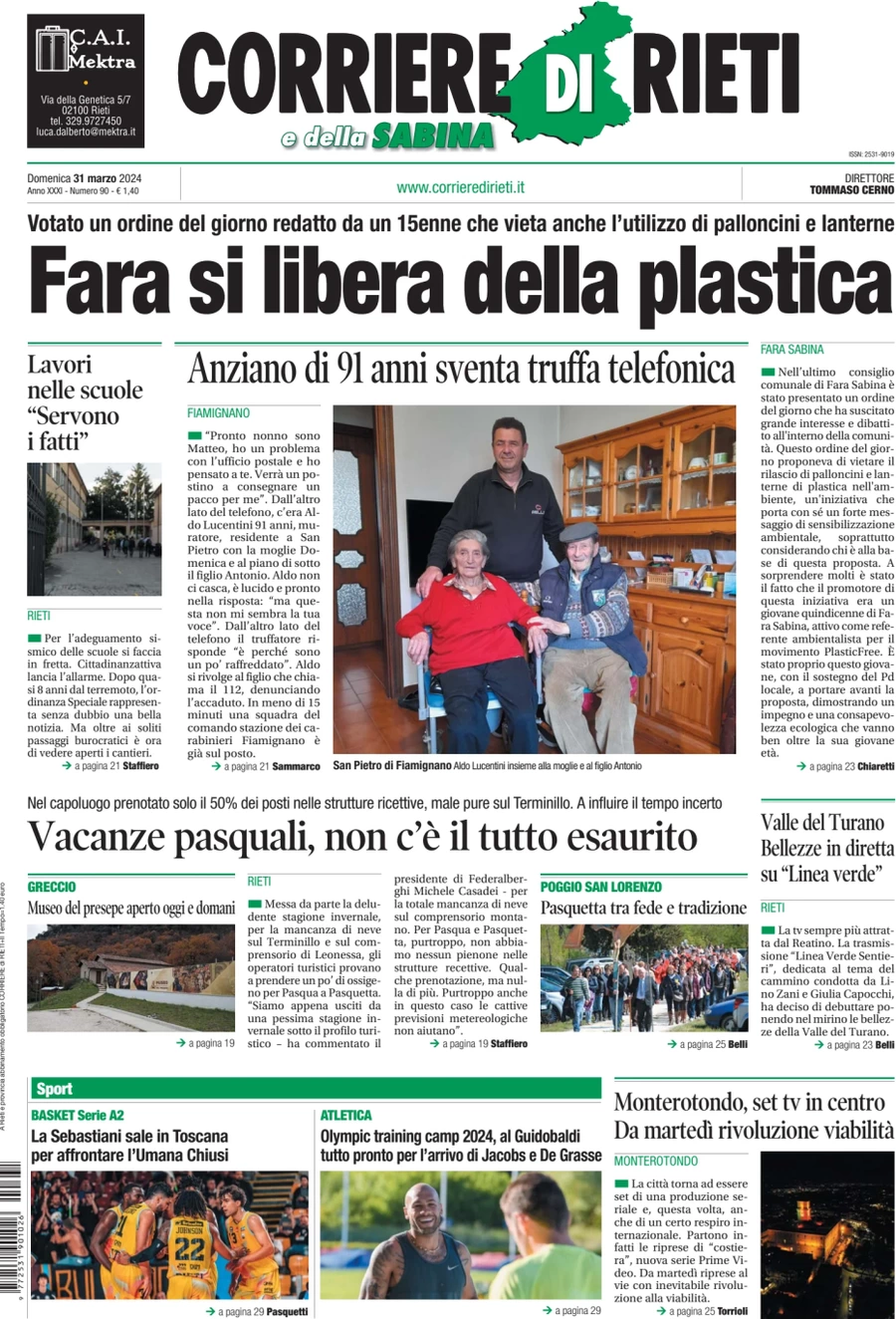 anteprima della prima pagina di corriere-di-rieti-e-della-sabina del 31/03/2024