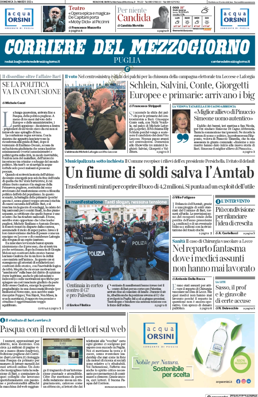 anteprima della prima pagina di corriere-del-mezzogiorno-puglia del 31/03/2024