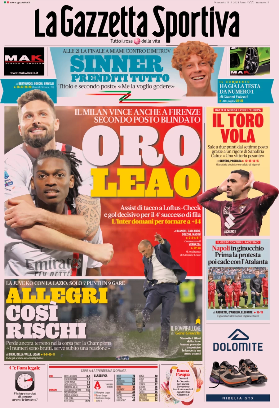 prima pagina - La Gazzetta dello Sport del 31/03/2024