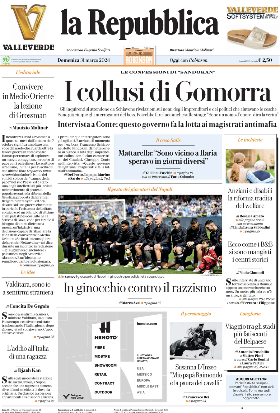 prima pagina - La Repubblica del 31/03/2024