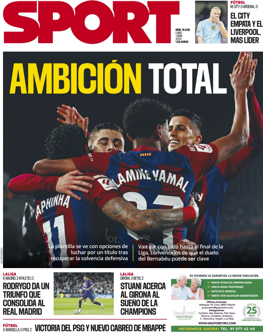 anteprima della prima pagina di sport-barcelona del 01/04/2024