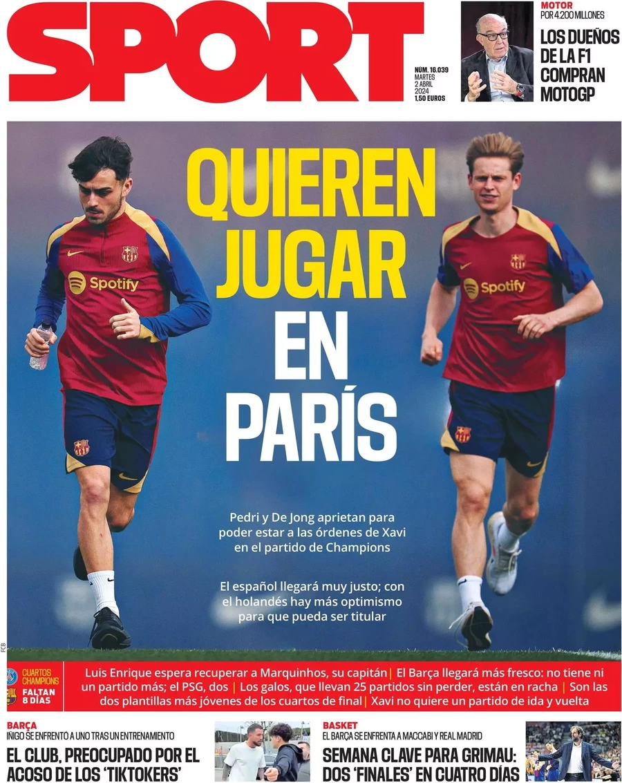 anteprima della prima pagina di sport-barcelona del 02/04/2024