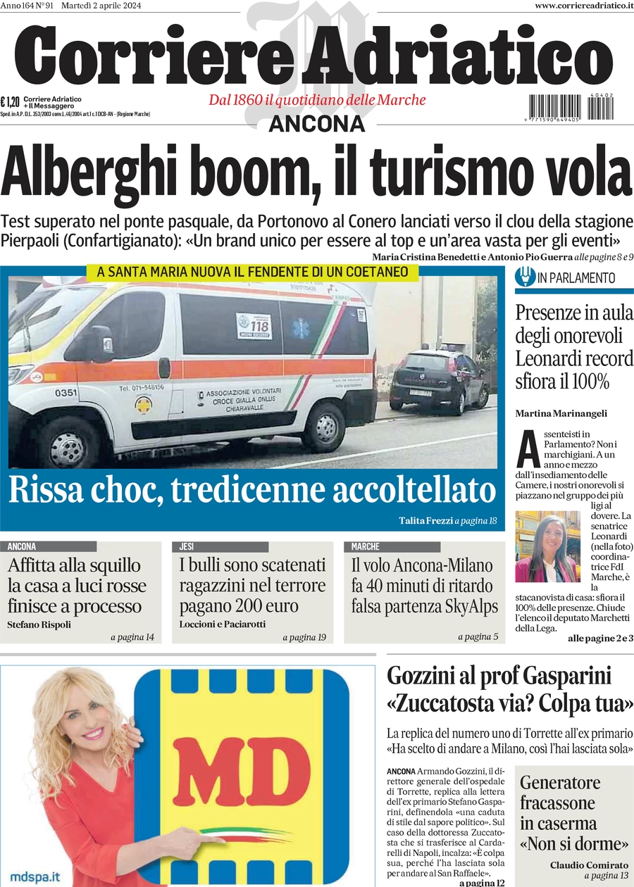 anteprima della prima pagina di corriere-adriatico-ancona del 02/04/2024