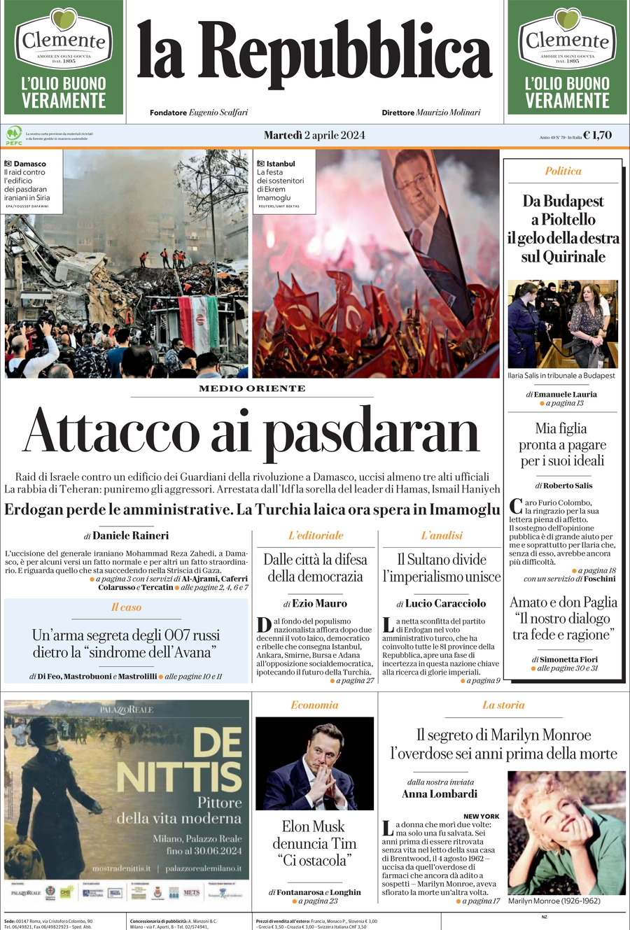 prima pagina - La Repubblica del 02/04/2024