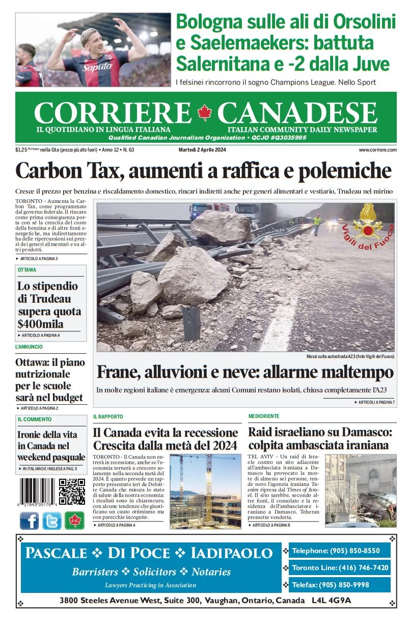 prima pagina - Corriere Canadese del 02/04/2024