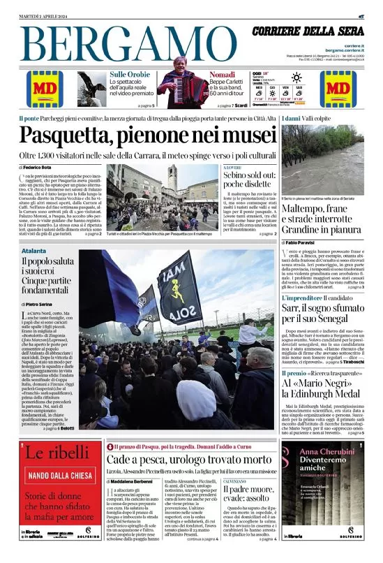 anteprima della prima pagina di corriere-della-sera-bergamo del 02/04/2024