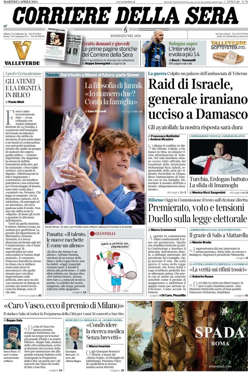 prima pagina - Corriere della Sera del 02/04/2024