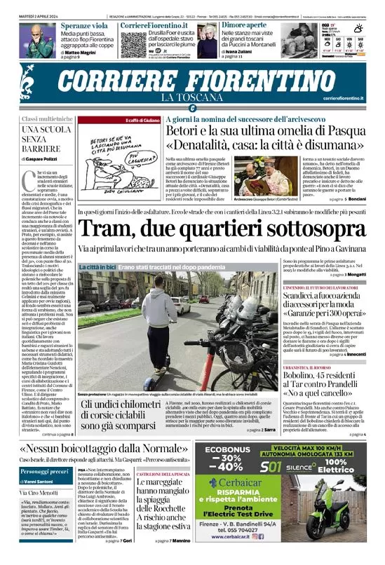 anteprima della prima pagina di corriere-fiorentino del 02/04/2024