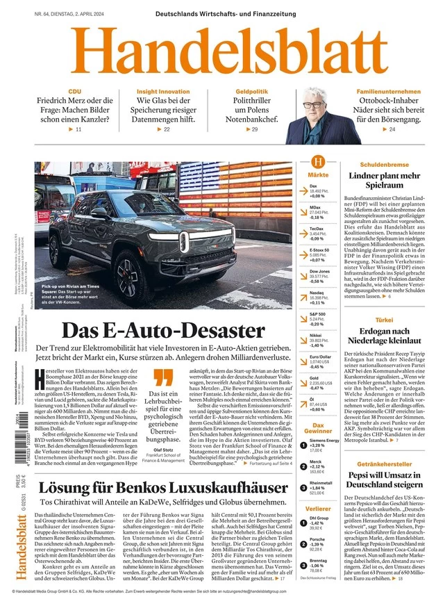 anteprima della prima pagina di handelsblatt del 02/04/2024