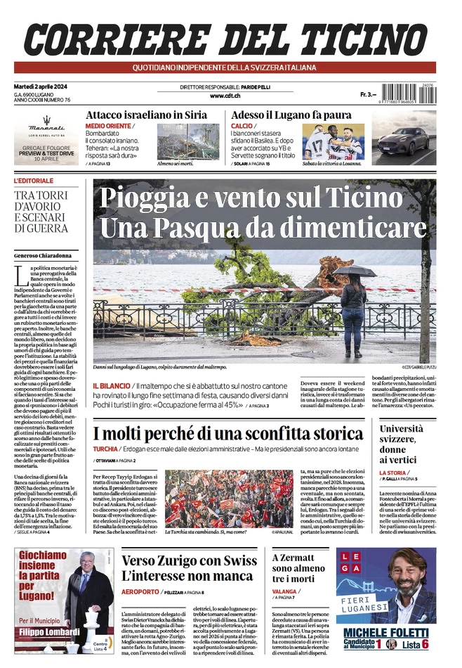prima pagina - Corriere del Ticino del 02/04/2024