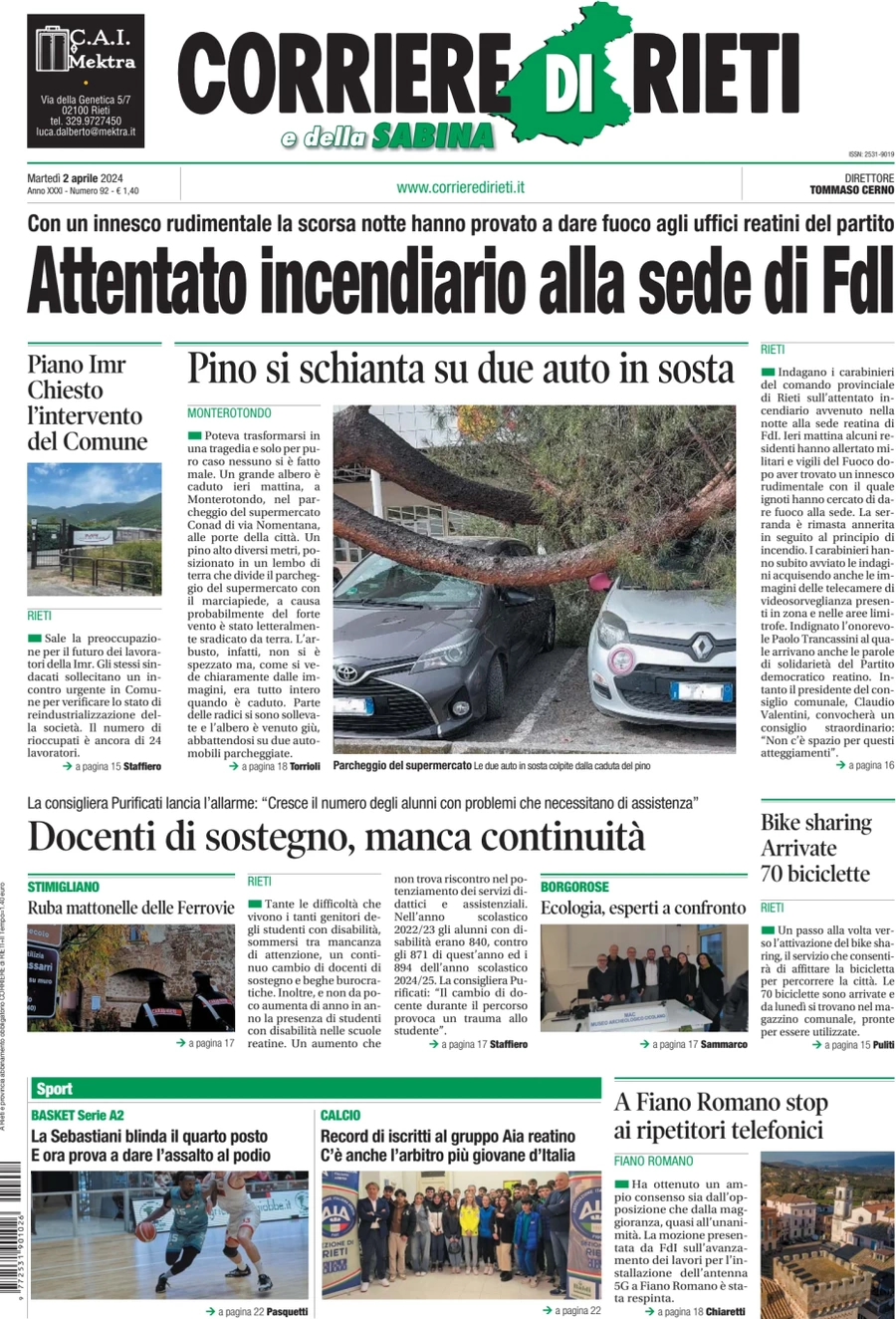 anteprima della prima pagina di corriere-di-rieti-e-della-sabina del 02/04/2024
