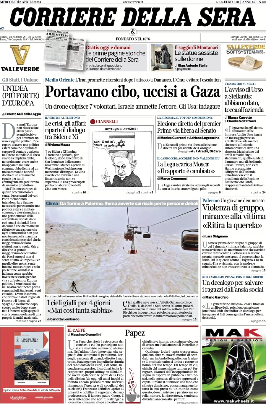 prima pagina - Corriere della Sera del 03/04/2024