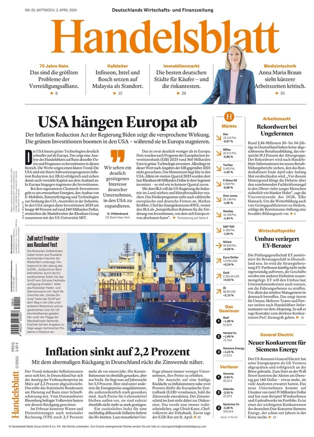 anteprima della prima pagina di handelsblatt del 03/04/2024