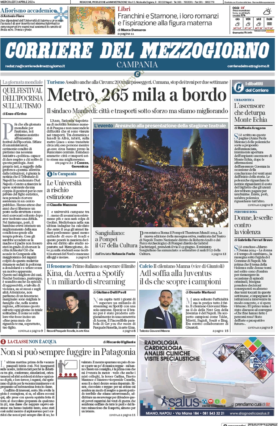 anteprima della prima pagina di corriere-del-mezzogiorno-campania del 03/04/2024