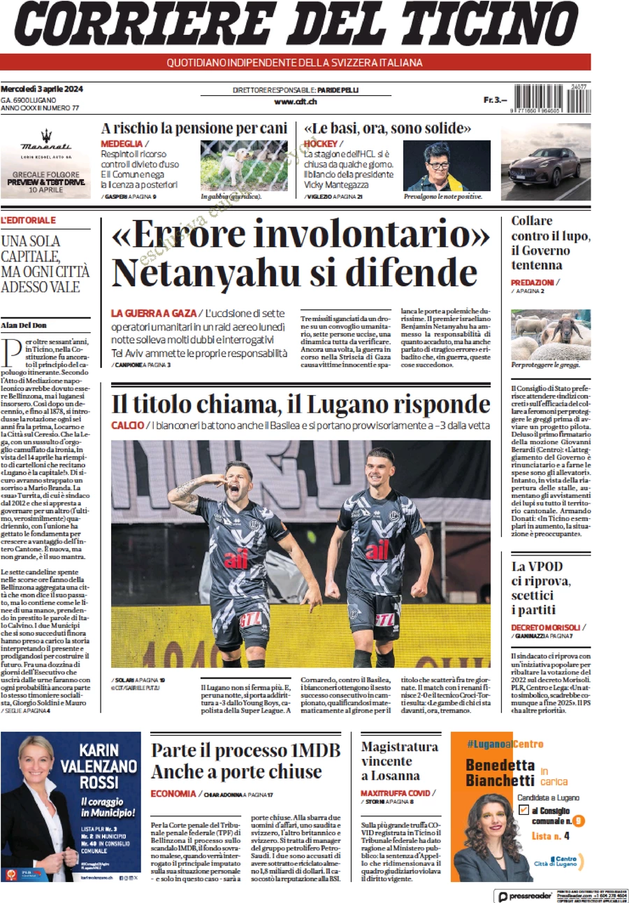 prima pagina - Corriere del Ticino del 03/04/2024