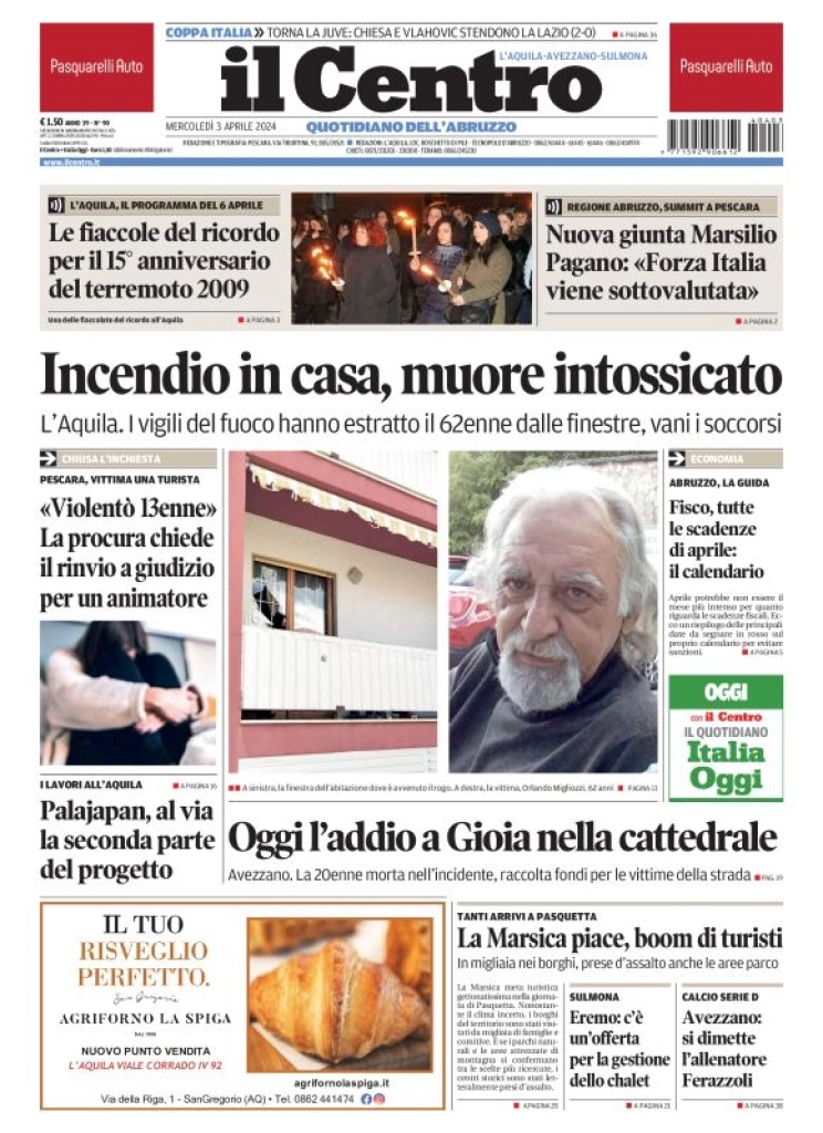 prima pagina - Il Centro (L'Aquila) del 03/04/2024