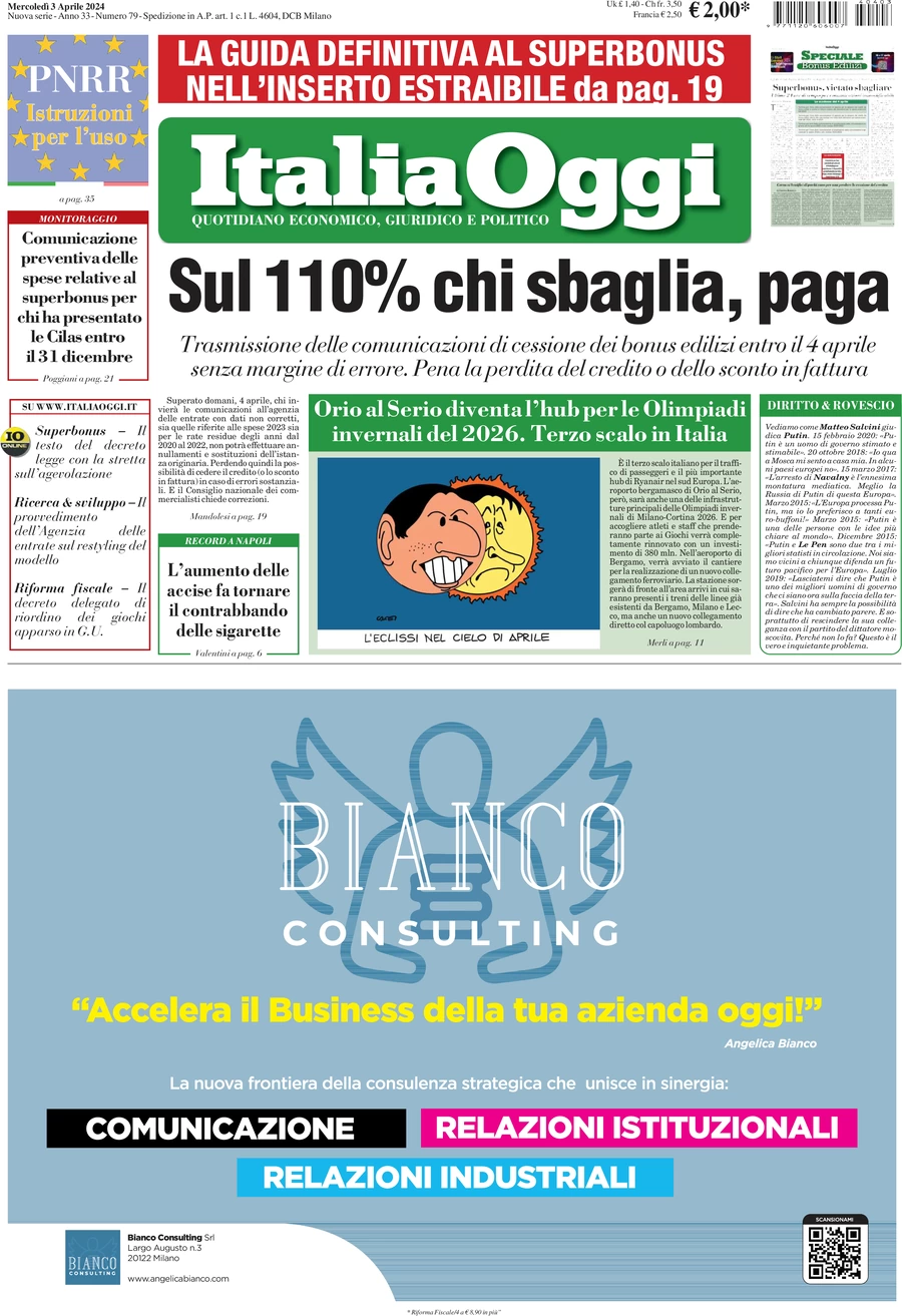 anteprima della prima pagina di italiaoggi del 03/04/2024