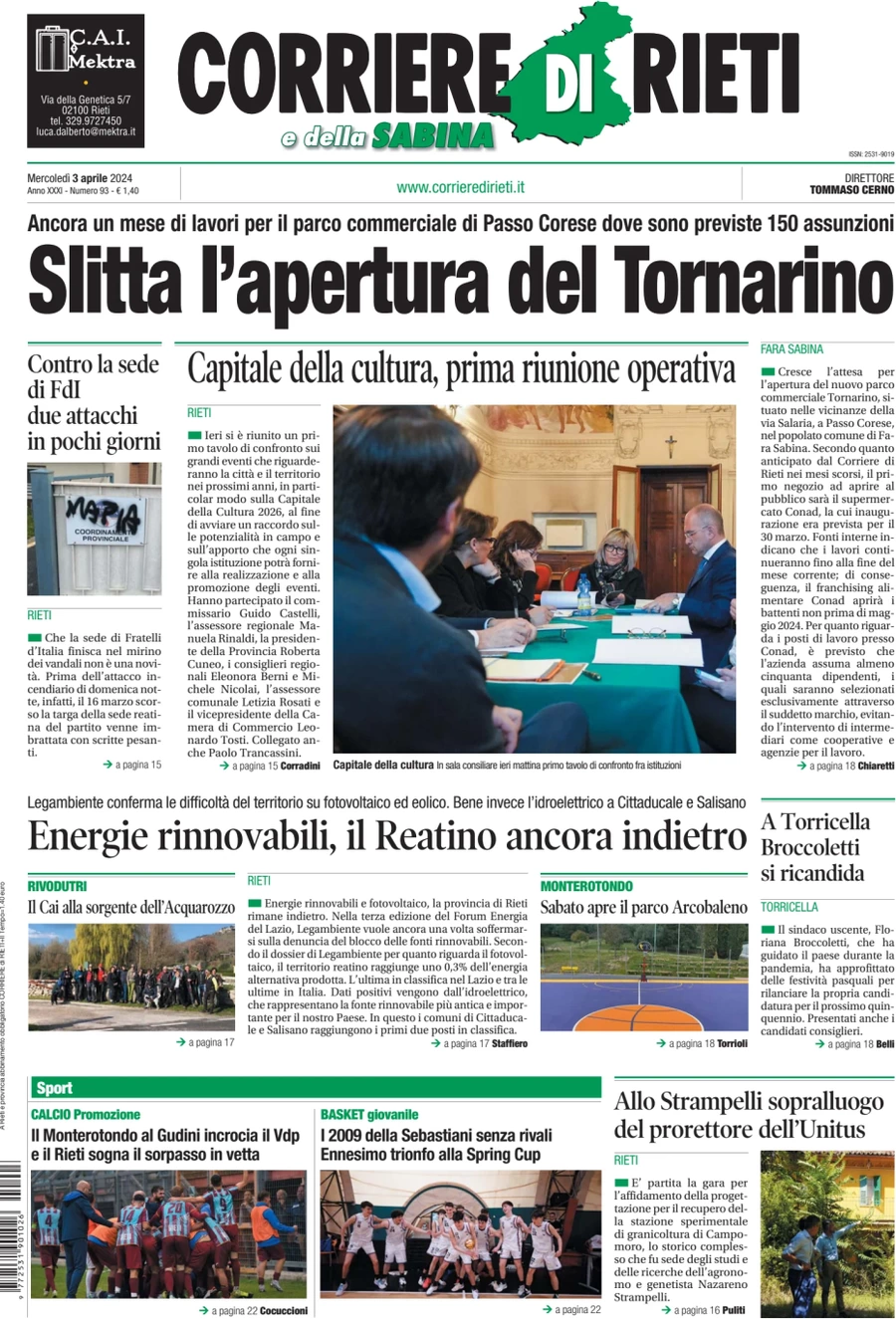 anteprima della prima pagina di corriere-di-rieti-e-della-sabina del 03/04/2024