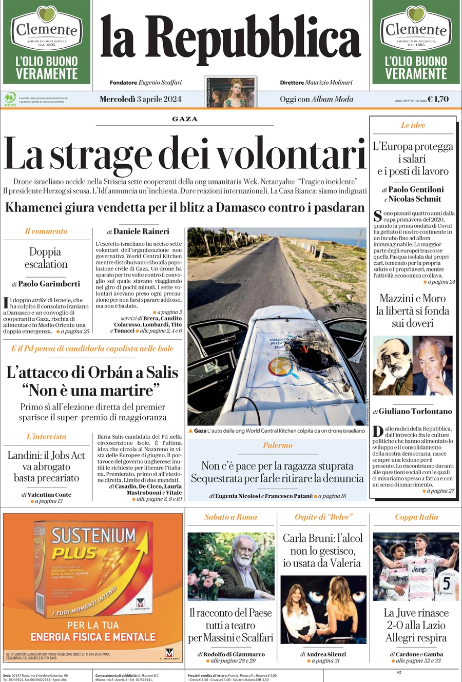 prima pagina - La Repubblica del 03/04/2024