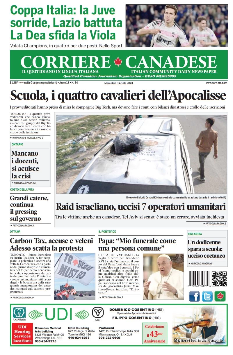 prima pagina - Corriere Canadese del 03/04/2024