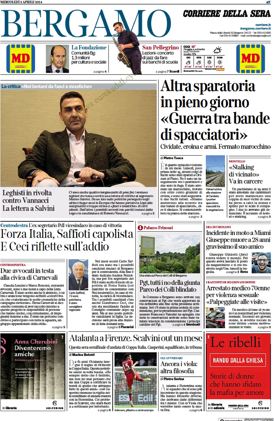 anteprima della prima pagina di corriere-della-sera-bergamo del 03/04/2024