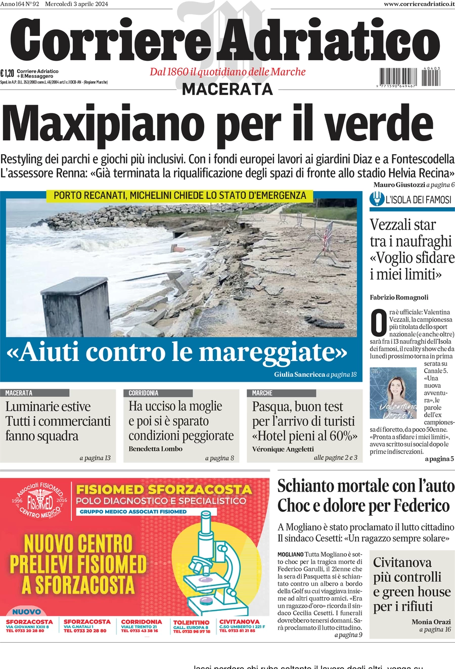 anteprima della prima pagina di corriere-adriatico-macerata del 03/04/2024