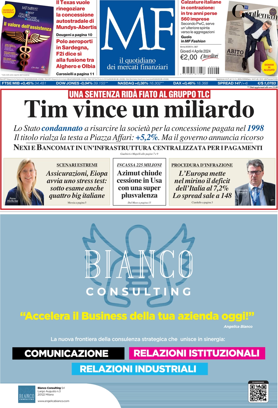 prima pagina - MF Milano Finanza del 04/04/2024