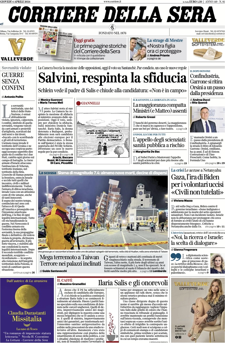 prima pagina - Corriere della Sera del 04/04/2024