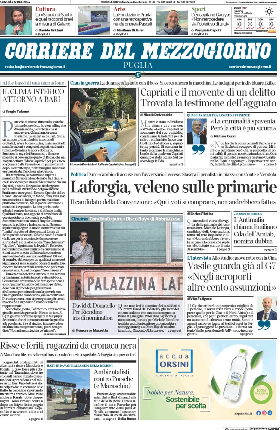 anteprima della prima pagina di corriere-del-mezzogiorno-puglia del 04/04/2024