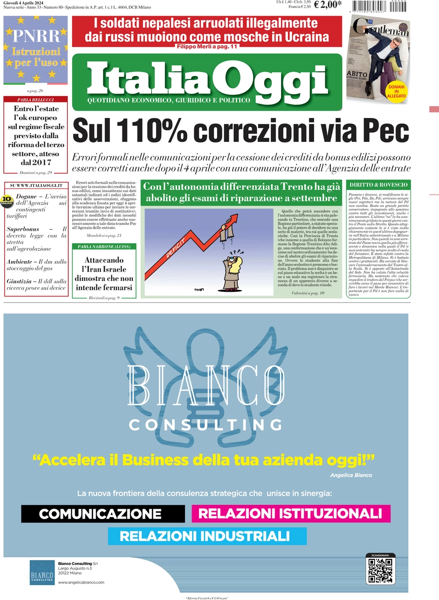 prima pagina - ItaliaOggi del 04/04/2024