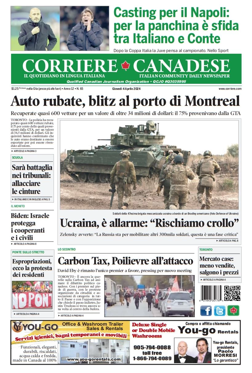 prima pagina - Corriere Canadese del 04/04/2024
