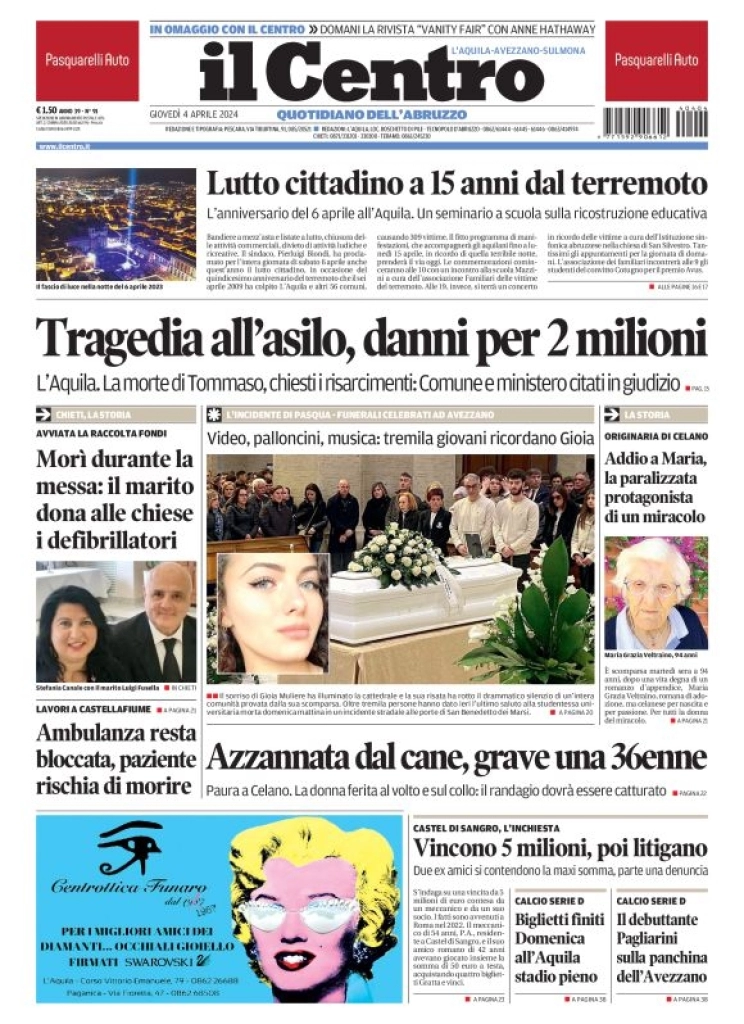prima pagina - Il Centro (L'Aquila) del 04/04/2024
