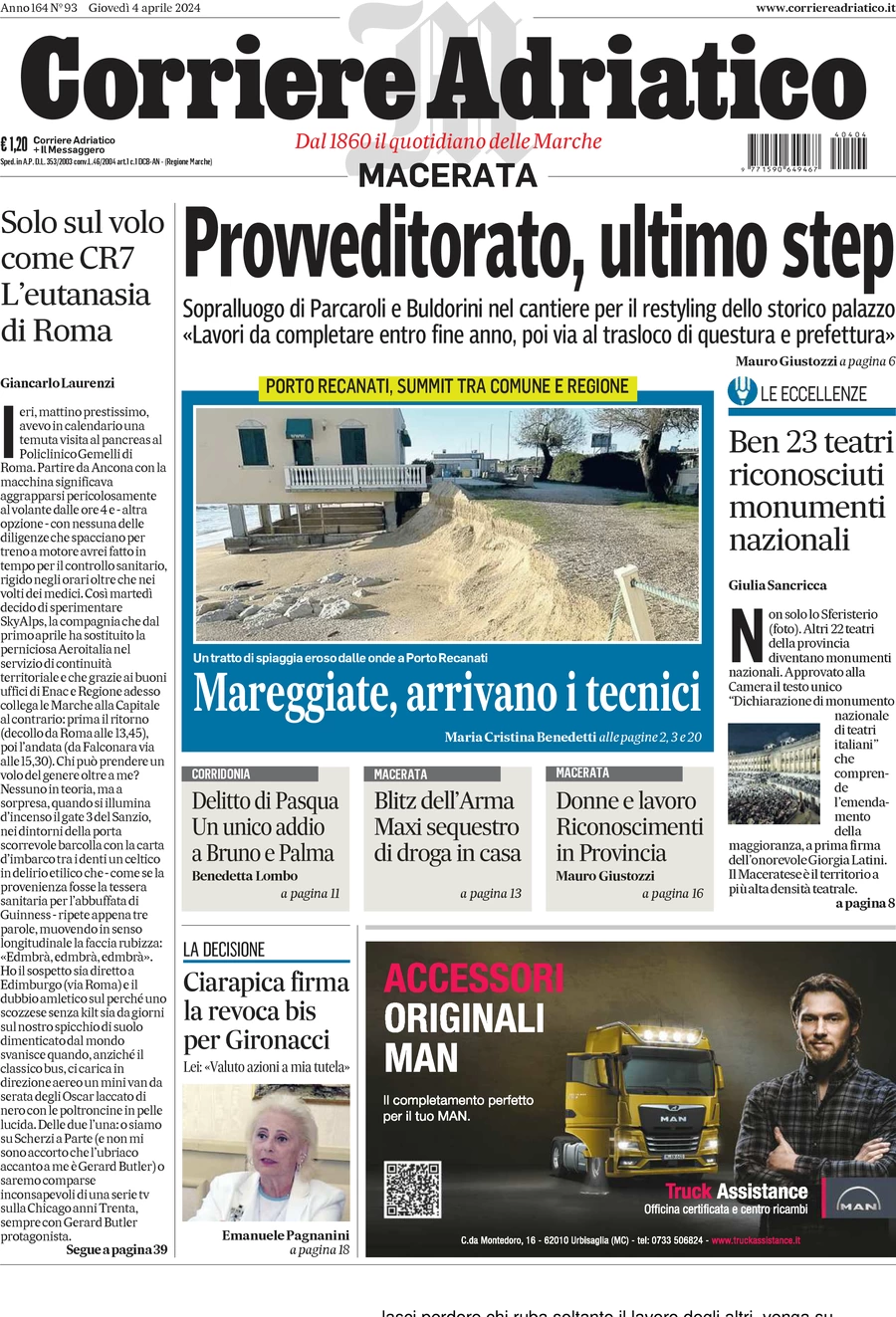 anteprima della prima pagina di corriere-adriatico-macerata del 04/04/2024