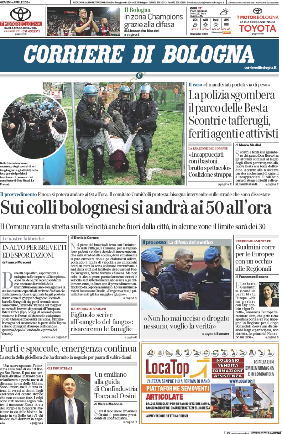 anteprima della prima pagina di corriere-di-bologna del 04/04/2024