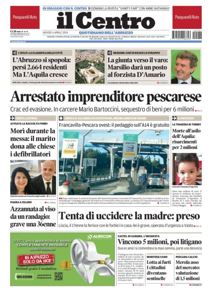 prima pagina - Il Centro (Pescara) del 04/04/2024