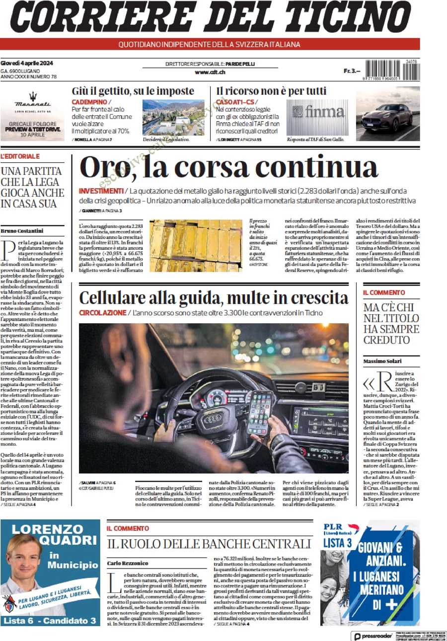 prima pagina - Corriere del Ticino del 04/04/2024